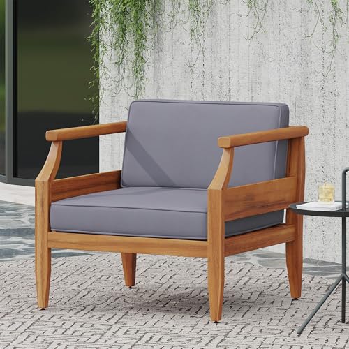 Christopher Knight Home Aston Outdoor Acacia Wood Club Chairs with Water-Resistant Cushions, Patio Lounge Chair, Garden/Poolside/Balcony/Backyard Accent Chair with Armest, Soft Seating, Teak+Dark Gray
