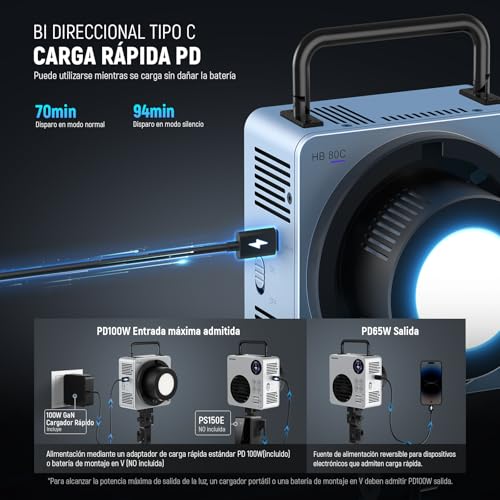 Foco LED RGBWW de 80W con batería integrada y carga rápida PD de 100W 4
