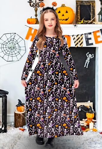 Image of Girls Sugar Skull Maxi Dress Long Sleeve Skeleton Halloween Funny Floor Length Dresses 7-8 Years