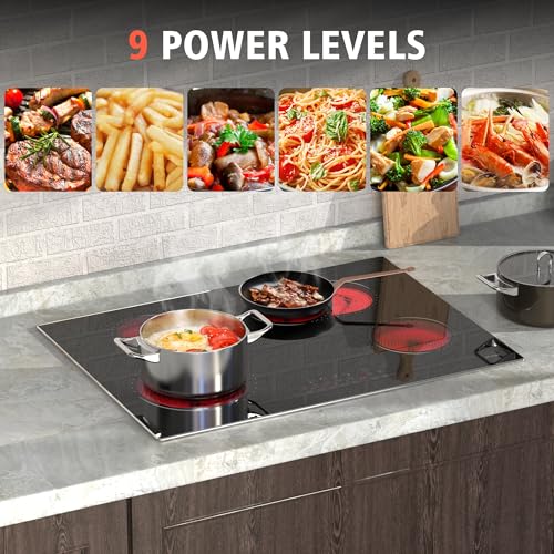 Image of Hobsir 30 Inch Electric Cooktop, 4 Burners Cooktop, Electric Stove Top Burner, 6800W Drop-in Ceramic Stove Top with Glass Metal Frame, Timer, Safety Lock, 220-240V, Hard Wired (No Plug) Cooktops