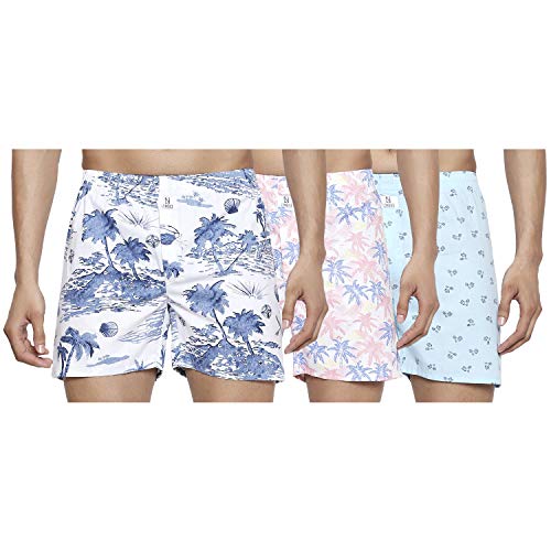 Image of Longies Men's Pure Cotton Regular Printed Boxer Shorts (Pack of 3) (LGBOXPO3V001 Whitebeach,WhiteFloral,Blue M)