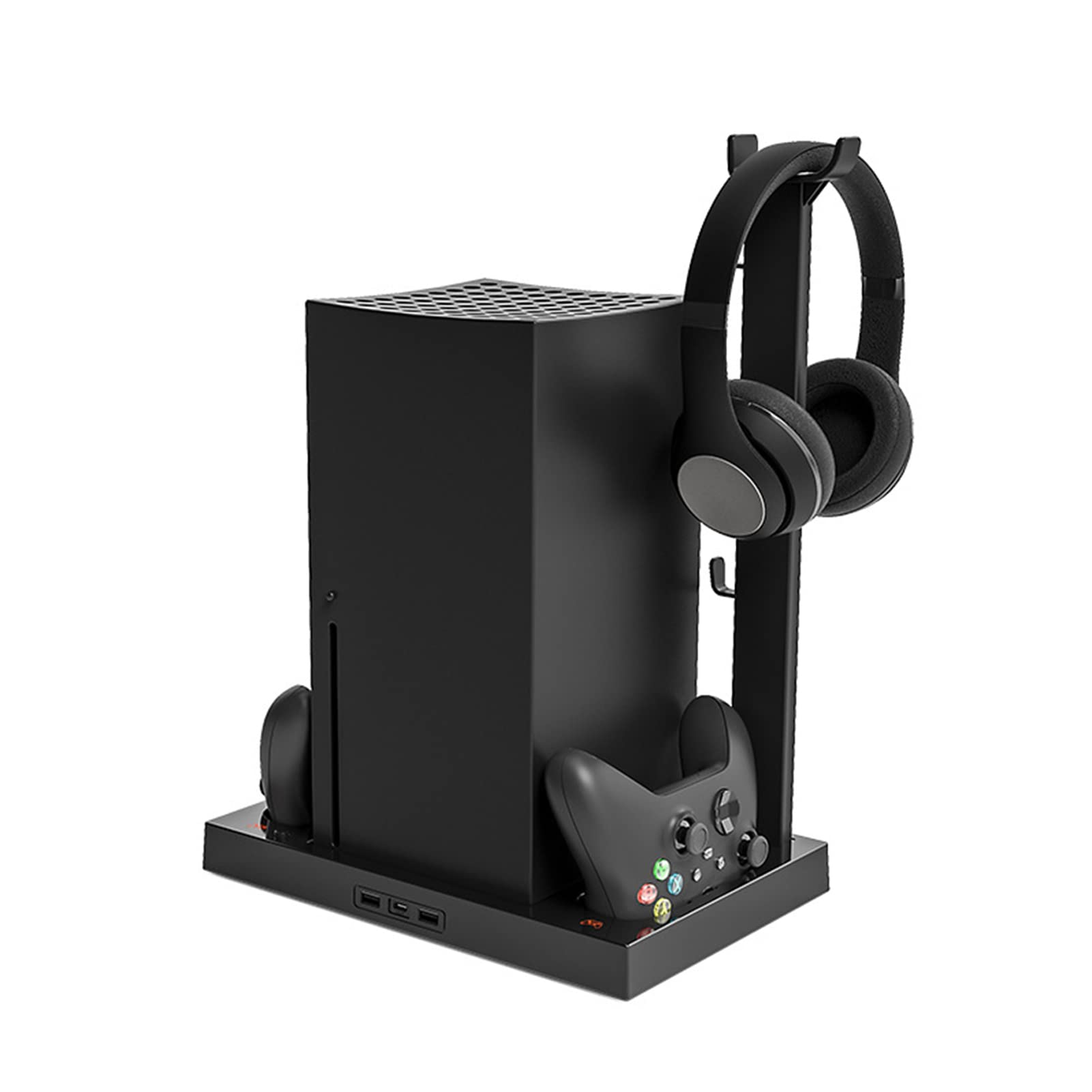 Base de Refrigeración para Xbox Series X, Soporte de Refrigeración de Consola con 4 Ventiladores de Refrigeración, Estación de Carga Doble Vertical con Soporte para Auriculares, con 2 Baterías
