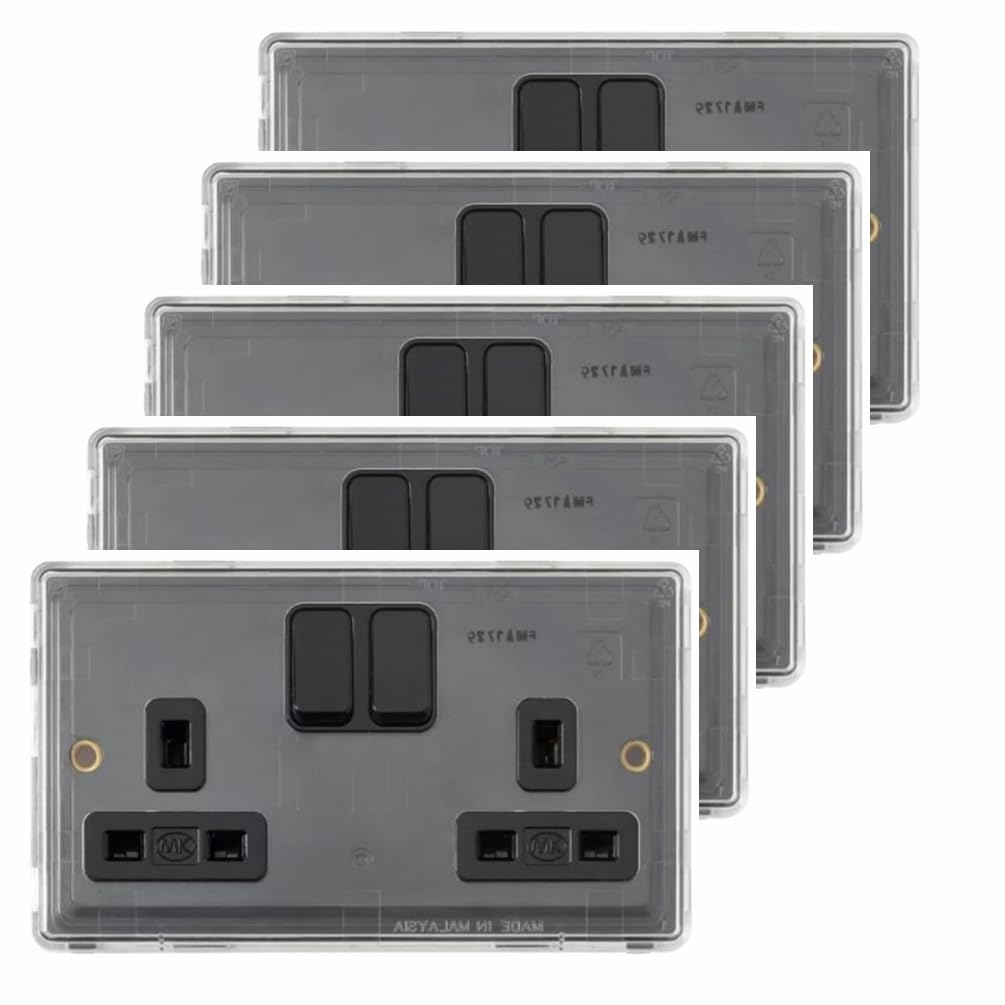 FNX 5 x MK Dimensions MH4347BLKC 2-Gang, Double Pole, 13A, Dual Switch Socket | UK Main Plug Wall Socket with Dual Earth Facility | Safe Electrical Connection & Protection - Easy Installation | Black