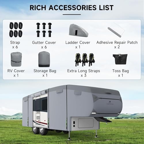 Image of 5th Wheel Cover Fits 34'-37': Extra-Thick 7 Layers Top, Heavy Duty Anti-UV Waterproof Fifth Wheel RV Cover, with 3 Pcs Windproof Extra Straps