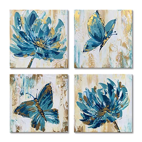 Handmade Blue Butterfly and Flower Wall Art Hand Painted Oil Painting on Canvas Gold Texture Artwork
