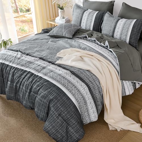 Image of Dintszyayue Grey King Comforter Size Set, 8 Pieces Striped Texture Bed in a Bag Bedding Sets, Lightweight Soft Comforter and Sheet Set, All Season Microfiber Teen Boys Bedding Sets for Men Women