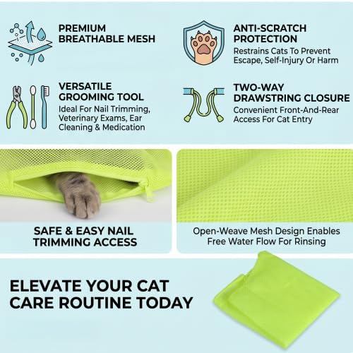 Image of Cat Bathing Washing Bag, Adjustable Multi Functional Cat Restraint Mesh Bag Pet Shower Accessories for Nail Trim Examining Ear Clean Injecting (Yellow)