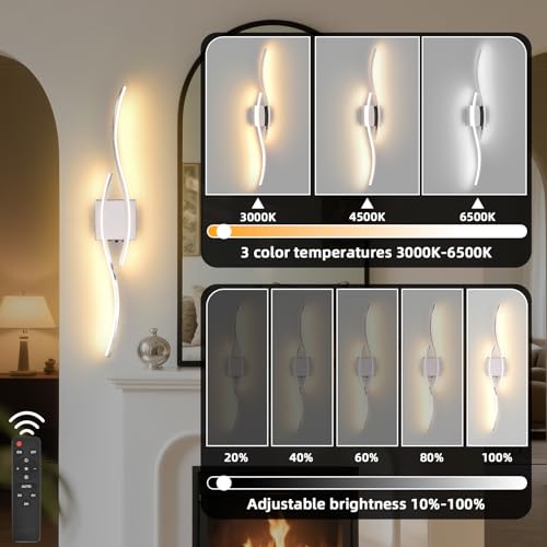 Image of Battery Operated Wall Sconce, Silver LED Battery Wall Light dimming with Remote Control, 31.4Inch Rechargeable Chrome Wireless Wall Lights for Living Room, Bedroom, and Stairs Wall Sconces (2 Pack)
