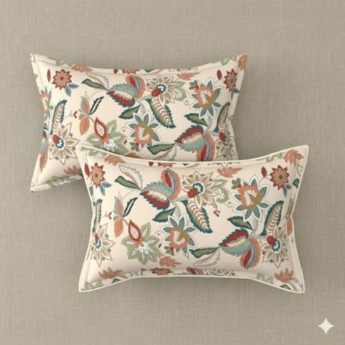 Image of Cotton Bolls Textiles Glace Cotton Flat Bedsheet 90x90 Inch with 2 Pillow Covers - Soft Breathable Glace Cotton, Printed Bedding Set for Double Bed