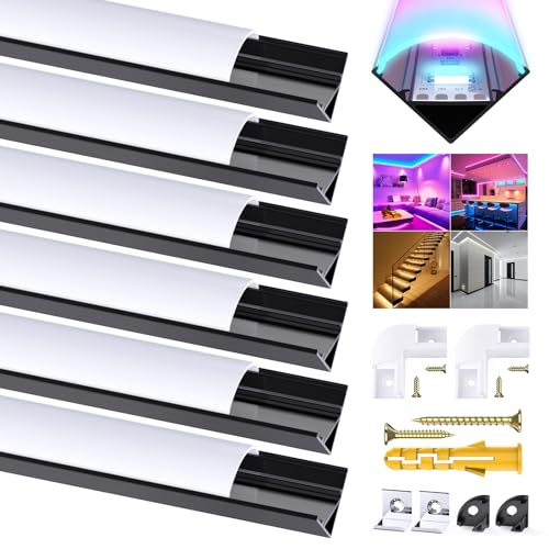 Black LED Strip Profile, 6Pack LED Aluminum Channel 3.3ft/1Meter V-Shape LED Profile with Milky White Cover, End Caps, Mounting Clips Aluminum Extrusion 90 Degrees Connectors for LED Strip Lights
