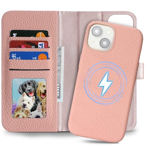 Image of Detachable Genuine Leather Case for iPhone 13 /14 Wallet Case Magnetic 2in1 Removable Flip Cover Book Purse Compatible with Magsafe Charging Kickstand Card Holder-Pink