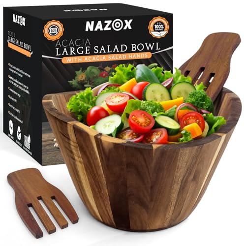 NAZOX Acacia Wood Salad Bowl Set with Serving Hands 10 Diameter 6 Height - Handmade Large Serving Bowl for Salad Fruit & Pasta - Durable Natural Brown Serveware Gift Modern Geometric Design