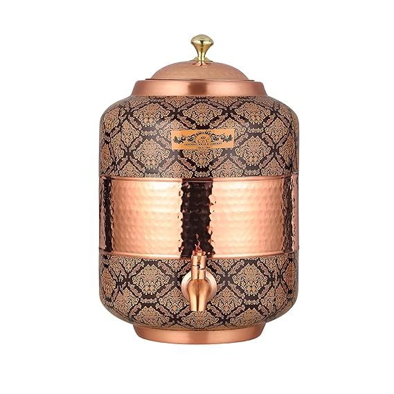 Pure Copper Water Dispenser with Tap – Decorative Damask Pattern Heavy Weight Copper Water Storage Container for Home &amp; Kitchen