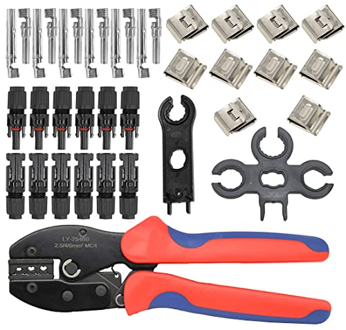 Solar Crimper Tool Kit, Solar Panel Cable Wire Connector with 1 MC4 Crimper Tool, 6 Pair Male Female MC4 Connectors, 10pc Wire Clip, 2pc Spanner Wrench for 2.5-6.0mm², 26-10 AWG Solar Panel Wiring Kit