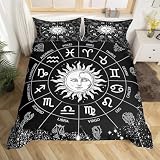 Manfei Sun and Moon Bedding Set King Size Twelve Constellations Zodiac Comforter Cover 3pcs for Kids Boys Girls Astrology Duvet Cover Black and White Bedspread with 2 Pillowcases (No Comforter)