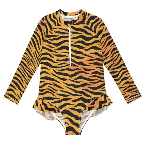 ALAZA Toddler Swimsuit Girl Bathing Suit Swimwear Rash Guard Orange Black Tiger Stripe Long Sleeve 3T