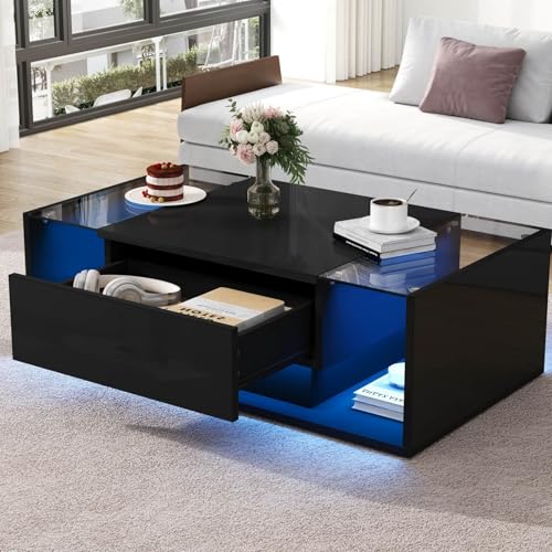 EURHCIO Table Basse Salon 100x50x31cm,Table d'appoint Brillante avec Lumières LED,Tiroir,Design Minimaliste,pour Salon (A-Noir)