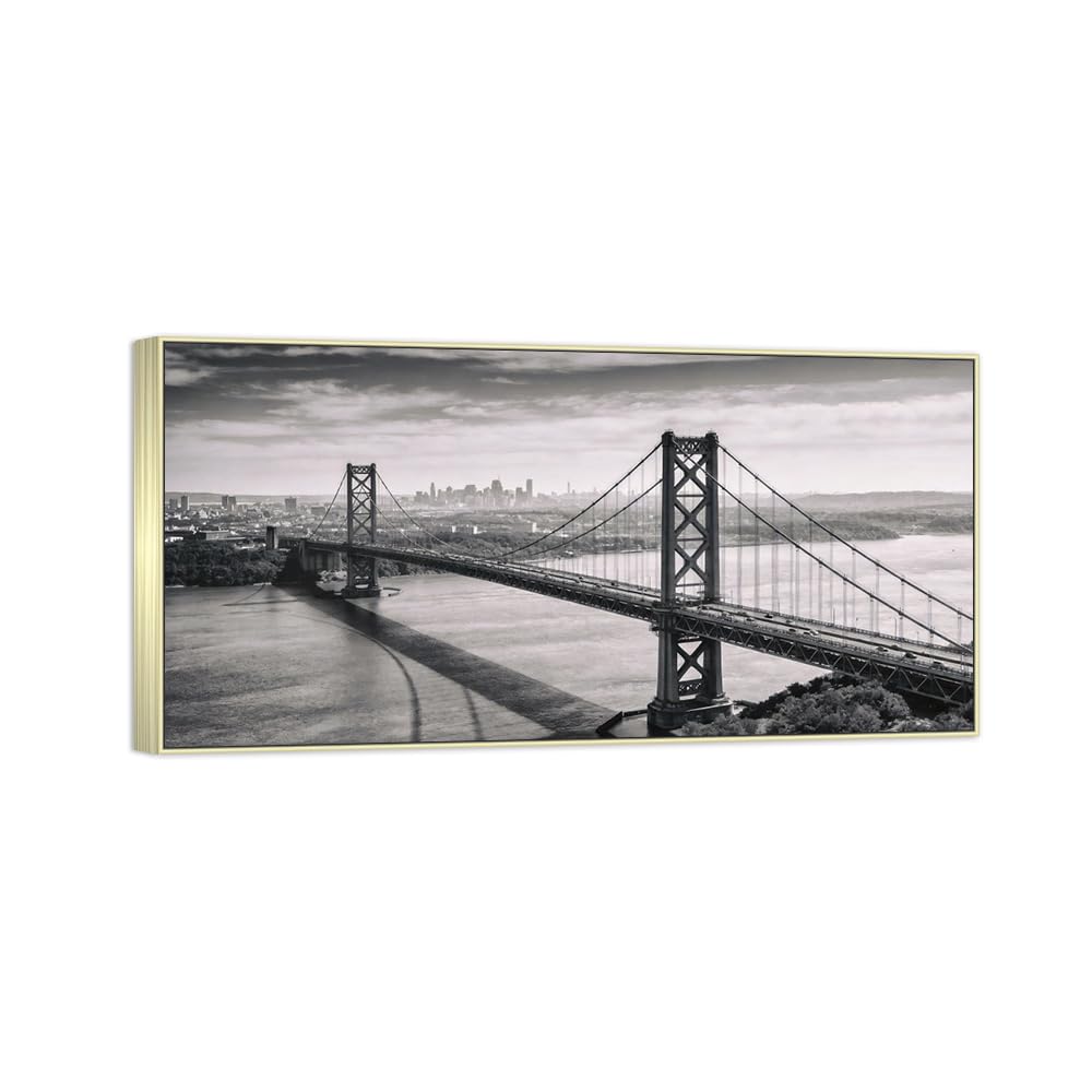 Sea Bridge 4 Black White Landscape Canvas Picture 40x80cm Silver Frame