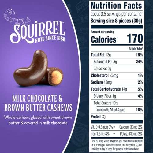 Image of Squirrel Brand Milk Chocolate & Brown Butter Cashews, 3.5 Ounces, Resealable Bag, Gluten Free, Snacks for Adults and Kids, Fair Trade Certified Cocoa (Pack of 4)