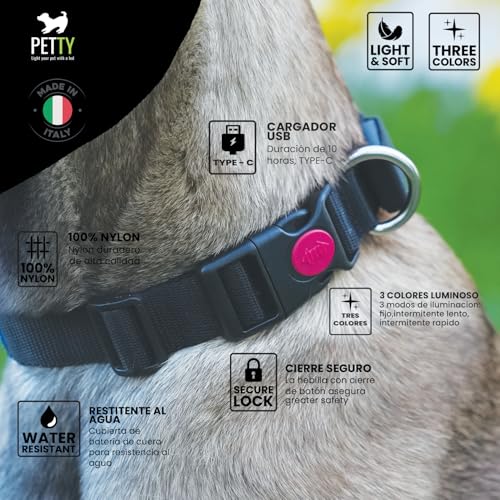 PETTY Collar Luminoso para Perros Ajustable LED – Collar Transpirable Recargable por USB, Cierre Ajustable y botón de Seguridad Anti-estrangulamiento – Perros pequeños, medianos y Grandes(XXS Verde) 2 ✔️ Ecológico y Duradero: La batería tiene una duración de hasta 10 horas de luz continua y, gracias a la carga USB, se elimina la necesidad de reemplazarla, contribuyendo a la sostenibilidad. El anillo vertical de acero aumenta la durabilidad y seguridad del collar.
✔️ Transpirable y Cómodo: Fabricado con material transpirable, ligero y de alta calidad, resistente al agua, y con un relleno interno suave, para combinar comodidad y funcionalidad óptima, garantizando la mejor experiencia posible para tu amigo de cuatro patas.
✔️ Ajustable y Seguro: El collar está disponible en todas las tallas, desde 3XS hasta XL. Las medidas son ajustables con un margen de 2/4 cm, lo que permite adaptar el collar a las dimensiones del perro, garantizando un ajuste perfecto. El cierre con hebilla y el botón de seguridad mejoran la resistencia y seguridad del collar.