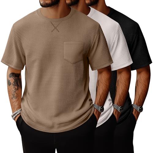 Riyiper 3 Pack Men's Casual Waffle T Shirts Summer Crewneck Short Sleeve Tops Basic Vintage Knit Tee with Pocket