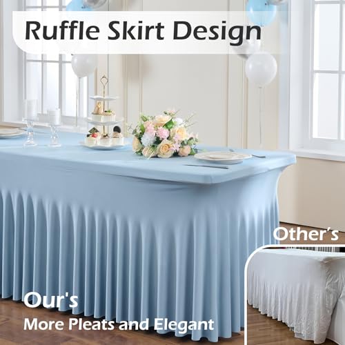 Image of NSSONBEN 2 pk Dusty Blue Spandex Tablecloth for 8 Foot Rectangle Tables,Wrinkle Free Fitted Spandex Table Covers 8ft Stretch Table Cloths with Ruffle Skirt for Parties Weddings Banquet Baby Shower