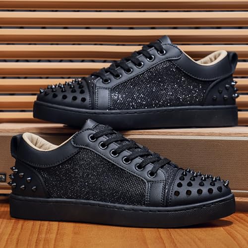 Men's Street & Punk Casual Sneakers: Metal Rivets, Black & White Studded Leather + Glitter Fabric, Lace - Up Comfortable Shoes3
