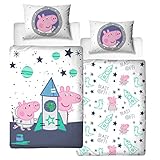 Character World Peppa Wutz Bettwäsche für Jungs und Mädchen Flanell/Biber · Baby-Bettwäsche Kinderbettwäsche George & Peppa im WELTALL · 1 Kissenbezug 40x60 + 1 Bettbezug 100x135 cm