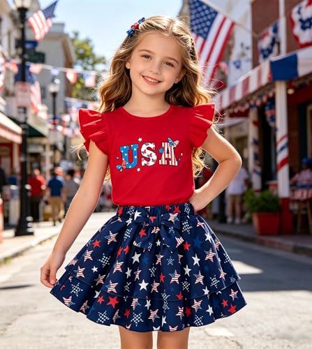 Image of Girls Skirt Set 2 Piece Outfit Toddler Summer Clothes Ruffle Sleeve T-Shirt Bow Knot Tutu Skirt Outfit Set