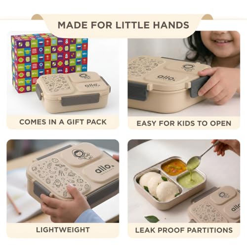 Image of Allo Bento Stainless Steel Lunch Box for Kids- BIS Approved, 304 Stainless Steel 3 Compartment Leakproof Tiffin Box for Boys and Girls for School, Travelling, Baby Snacks, 740ml Beige Space