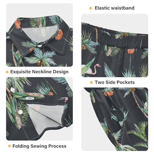 Image of Sunflower Floral Yellow Black Short Sleeve Hawaiian Button Down Shirts and Short Sets for Boys Toddler Summer Outfits