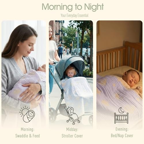 Image of 6-Layer Muslin Baby Blanket Made with Organic Cotton - Serene Ocean Life & Sea Wonders Theme,Swaddle & Crib Quilt, 43 inch x 43 inch,Lavender Ocean