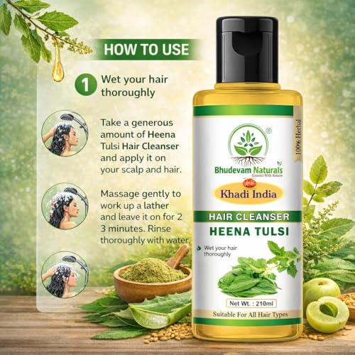 Image of Bhudevam Natural Khadi Henna & Tulsi Shampoo Natural Hair Care for Strength & Shine | Promote Hair Growth & Protect Hair Scalp Suitable for All Hair Types- Pack of 2