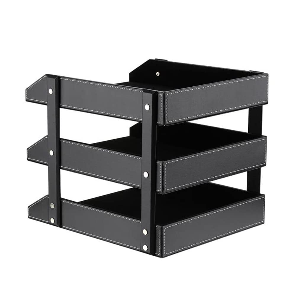 Organizer da scrivania in pelle, impilabile, ideale per riporre documenti, cartelle, cancelleria, riviste, giornali, posta, forniture per ufficio (nero a 3 livelli)