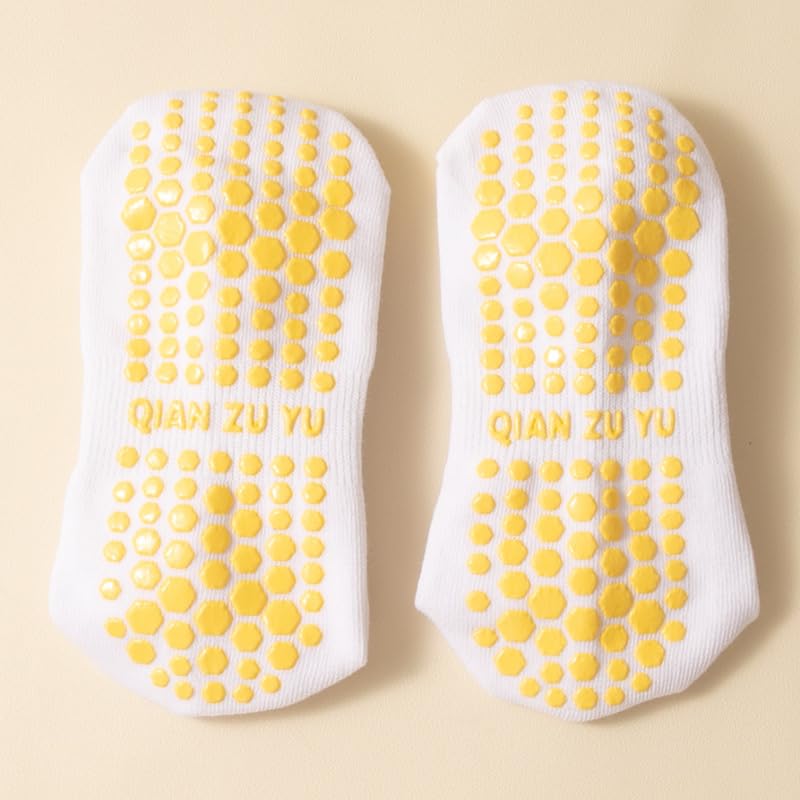 Non-Slip Yoga Socks with Bee Embroidery, White Cotton Crew Length, Yellow Grip Dots, Athletic Sports Stockings3