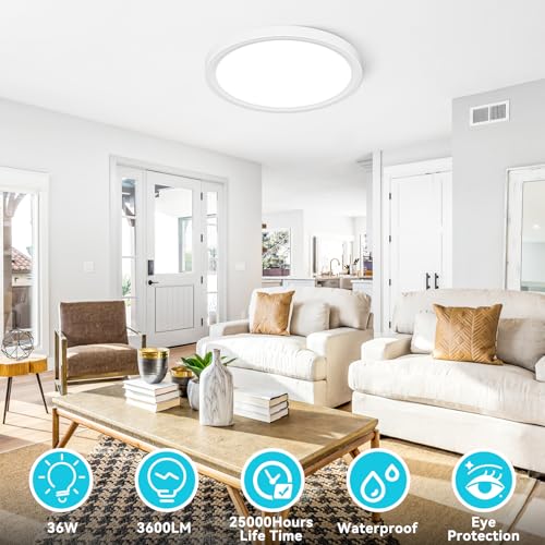 Image of libtit 16Inch Flush Mount LED Ceiling Light Fixture, 3000K 4000K 6500K Adjustable, 36W 3600lm White Satin Round Ceiling Lamp for Bathroom Shower Hallway Kitchen, 2 Pack