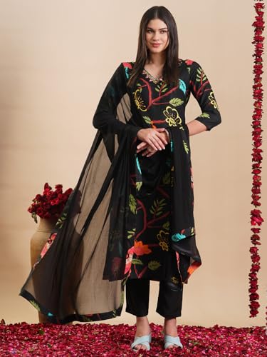 Image of GoSriKi Women's Rayon Blend Straight Printed Kurta with Pant & Dupatta