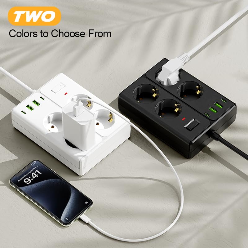 Steckdosenleiste 8-in-1 mit 4 AC-Steckdosen, 2 USB und 2 Type-C, 2500W, 10A, für Zuhause, Büro und Reisen (Weiß)