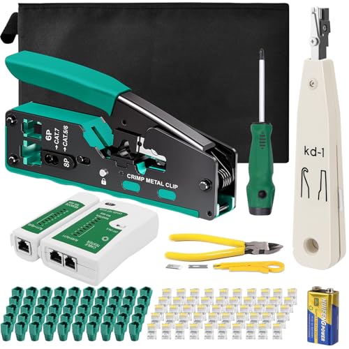 Herramienta de Crimpado RJ45 con Probador Red, Profesional Crimpadora RJ45 para Cat7/Cat6A/Cat6/Cat5E Conector,Herramienta de Crimpado con 50PCS Conectores Pasantes y Tapas Protectoras