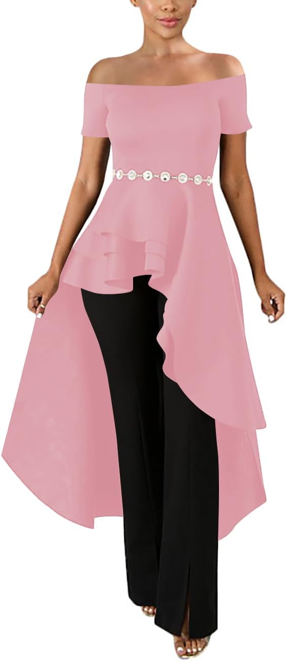 Lrady Womens Off Shoulder Tops High Low Short Sleeve Ruffle Peplum Tunic Party Blouse Casual Shirt Dress - Image 4