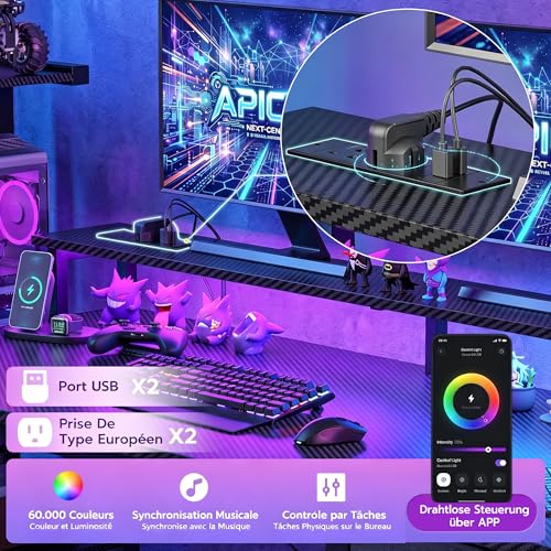 Bureau PC gamer noir APICIZON avec support casque et prises intégrées - 6