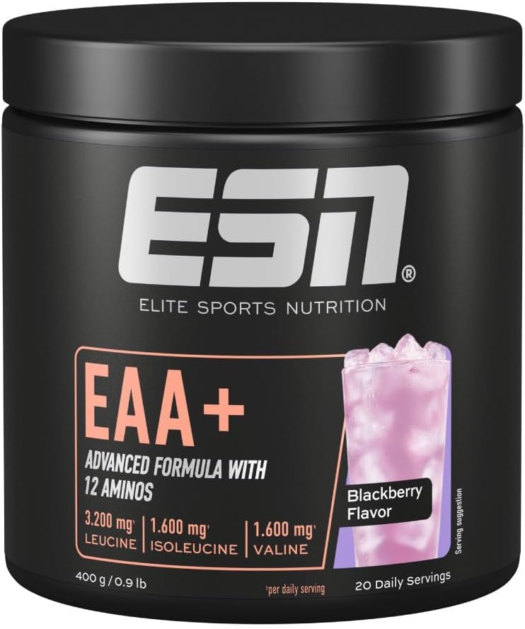 ESN EAA+, Blackberry, 400 g, tutti i 9 aminoacidi essenziali (EAA) e vitamina B6, 3,2 g di leucina per porzione, solubilità ottimale, vegano - prodotto in Germania