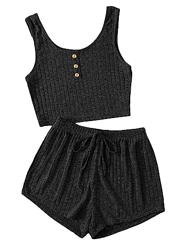 Image of SOLY HUX Women's Button Front Ribbed Knit Tank Top and Shorts Pajama Set Sleepwear Lounge Sets
