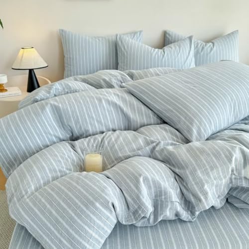 Image of PinkMemory Blue Striped Duvet Cover Set King 100% Washed Cotton Blue Stripes Bedding Duvet Cover Set with Streak Pillowcases-Ultra Soft Breathable Zipper Closure Corner Ties