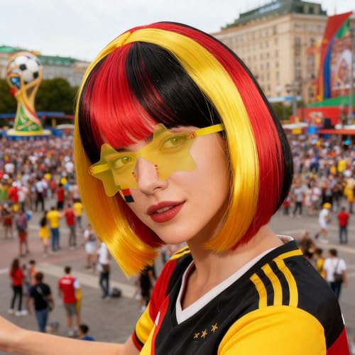 Image of ANOGOL Hair Cap + (Sunglasses) Black Red Blonde Bob Wig with Bangs Womens Black Party Wigs with Sunglasses Short Neon Wig Fun Wigs Halloween Costume Bachelorette Hair Sports Event St Patrick Day
