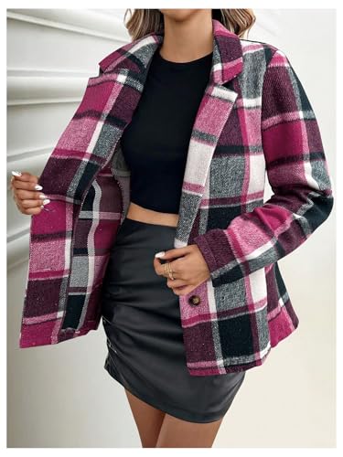 MakeMeChic Women's Plaid Long Sleeve Overcoat Lapel Button Work Office Coat Outerwear3