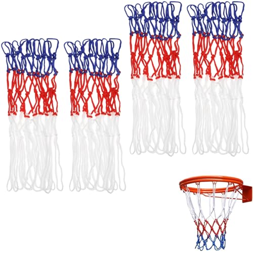 Rete Canestro Basket 4 Pezzi, Retina da Basket 52 cm con 12 Anelli, Ricambio per Canestro Standard in Blu Rosso Bianco, per Campo Interno Esterno, Scuola, Parco e Casa