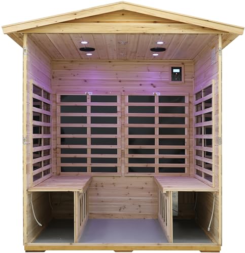 Image of LTCCDSS Low EMF Outdoor Far Infrared Sauna 4-Person, Hemlock Wood Sauna for Home- Bluetooth Speakers, LED Reading Lamps, Chromotherapy Lights, 68.1 * 52.4 * 82.7 in