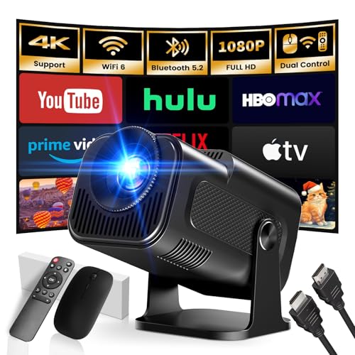 [App Integrada] 2025 Upgraded Proyector Portátil 1920x1080P 4K Supote Videoproyector Dual Control TV WiFi 6 BT5.2 180° Rotation Compatible con HDMI/TV Stick/USB/Laptop, Negro