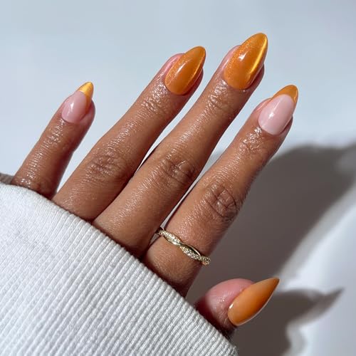 Glamnetic Press On Nails - Orange Short Almond Fake Nails with French Tips Velvet Finish | Salon Quality Summer Nails | Orange Pop | 15 Sizes - 30 Nail Kit with Glue